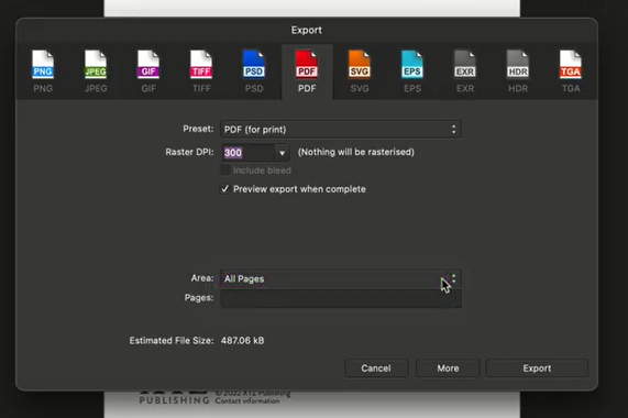 Affinity Publisher export pdf screen