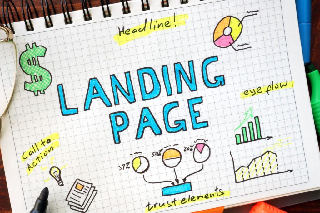 notebook with Landing Page sketches