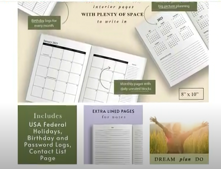 images that would be included in Amazon KDP A+ Content section for a planner: interior pages of the planner, text -- "Includes USA Federal Holidays, Birthday and Password Logs, Contact List Page", image of blank lined pages with text "Extra lined pages for notes", image of person standing in a field with arms raised and text "Dream plan do"