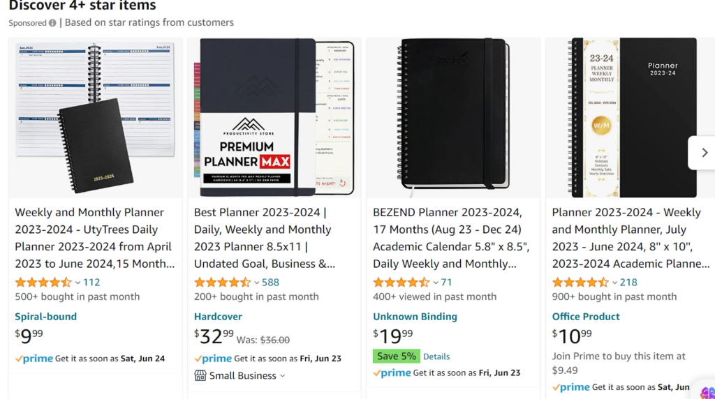 examples of low-content book listings (planners) on Amazon