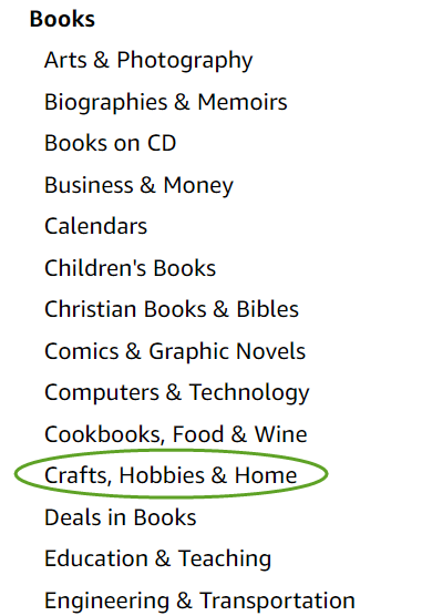 screenshot of Amazon book categories with "Crafts, Hobbies & Home" circled in green