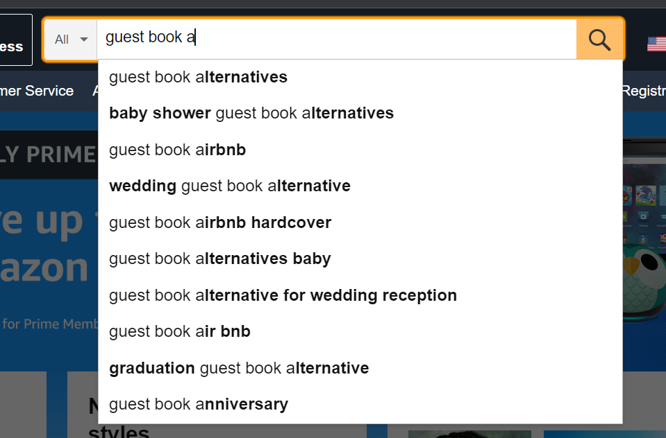 screenshot of Amazon search bar with text "guest book a" typed in the search. Dropdown list of options based on that search