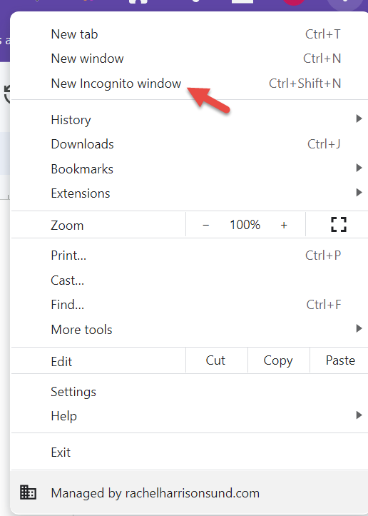 screenshot of Google Chrome browser options dropdown menu. Red arrow pointing to "New Incognito window"