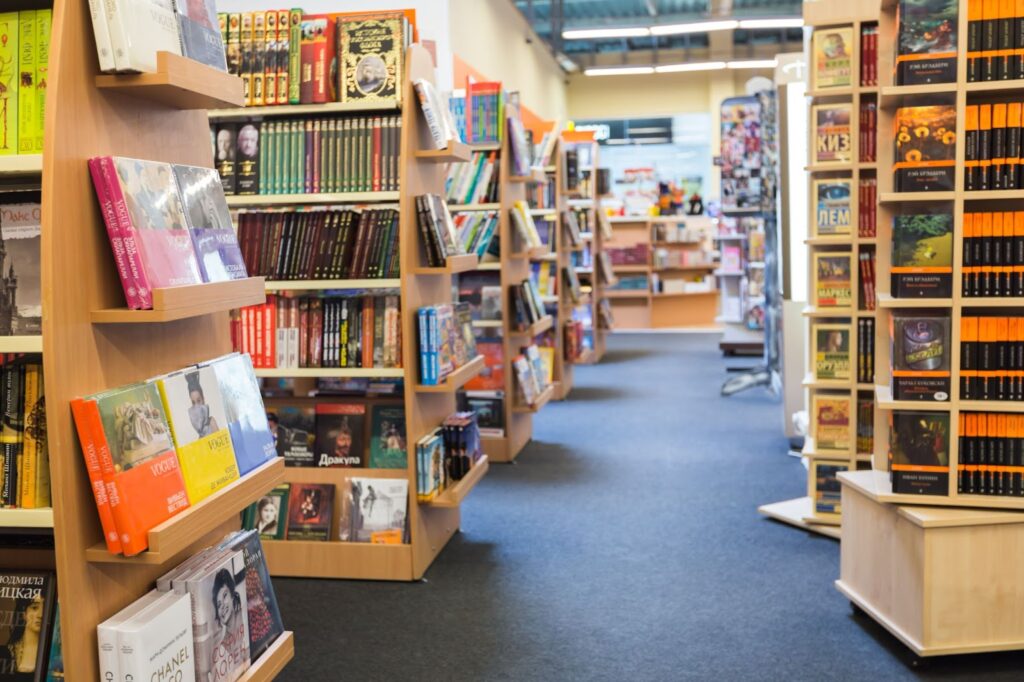 image of shelves full of books in a bookstore