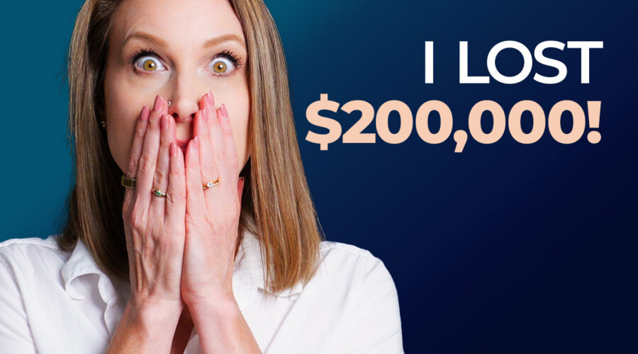 The YouTube Thumbnail photo for Rachel's video about her devastating business mistakes. This photo shows Rachel Harrison Sund Looking Shocked As She Looks at the Camera with her hands over her mouth. Text reads "I lost $200,000."