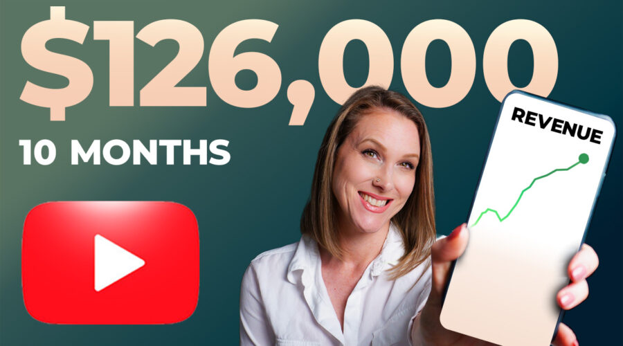 Thumbnail picture for Rachel's video called "How to Make 6-Figures a Year with a SMALL YouTube Channel." Picture shows Rachel holding a phone showing a chart representing an increase in revenue.